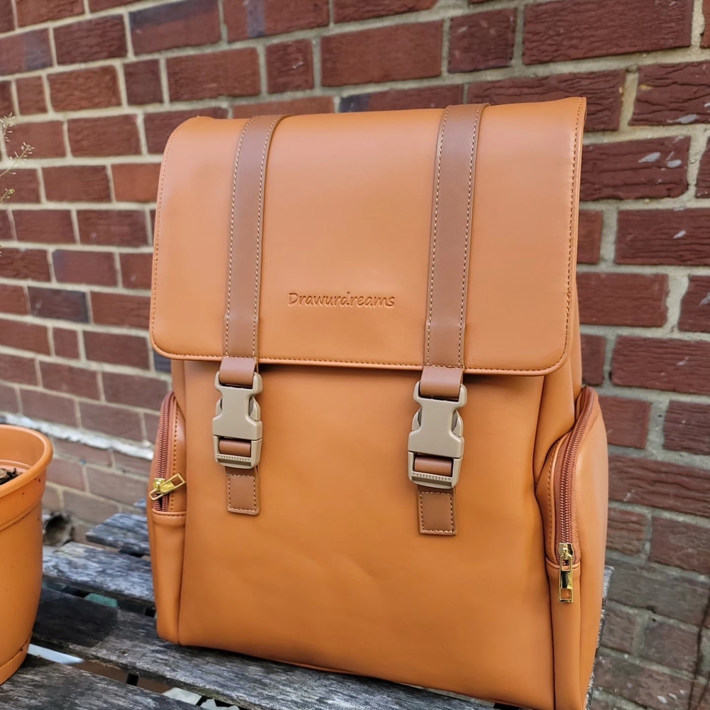 Tan Leather Satchel-Style Backpack with Brass Buckles